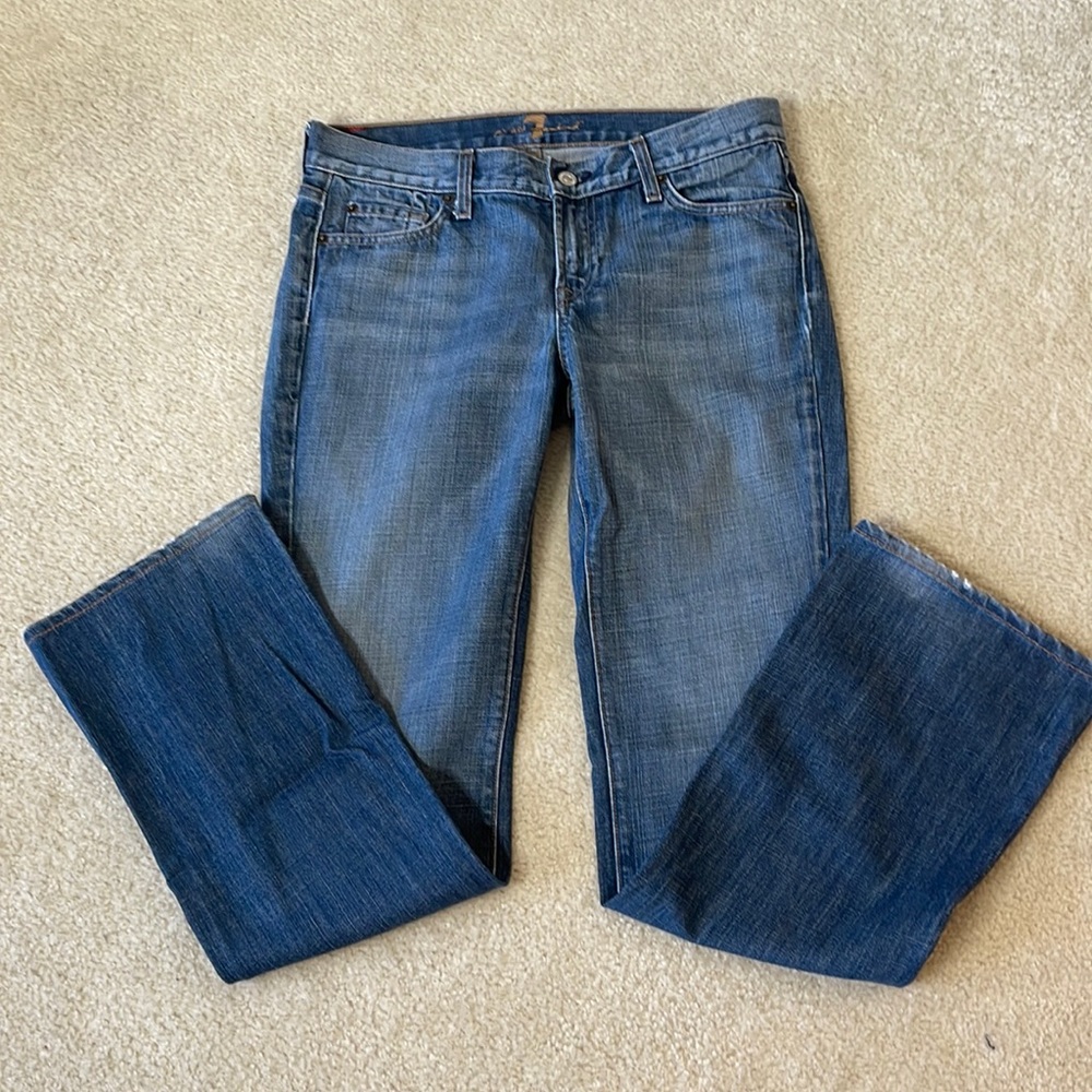 7 For All Man Kind Medium Blue Faded Denim Boot Cut Jeans Size 30